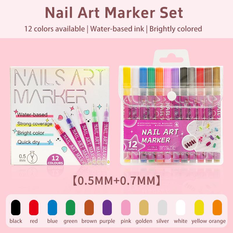 Cross 0.5mm Nail Art Pen Set - 12 Colors for DIY Dotting, Painting & Graffiti