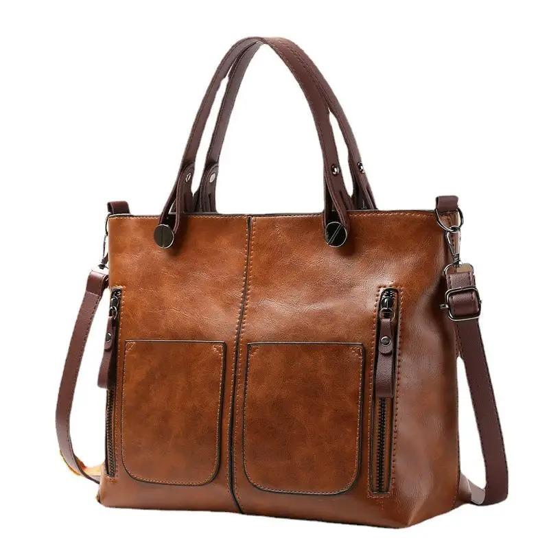 European American Retro Leather Women's Handbag, Large Capacity Tote Bag, Vintage Cross Body Bags for Woman with Double Pockets