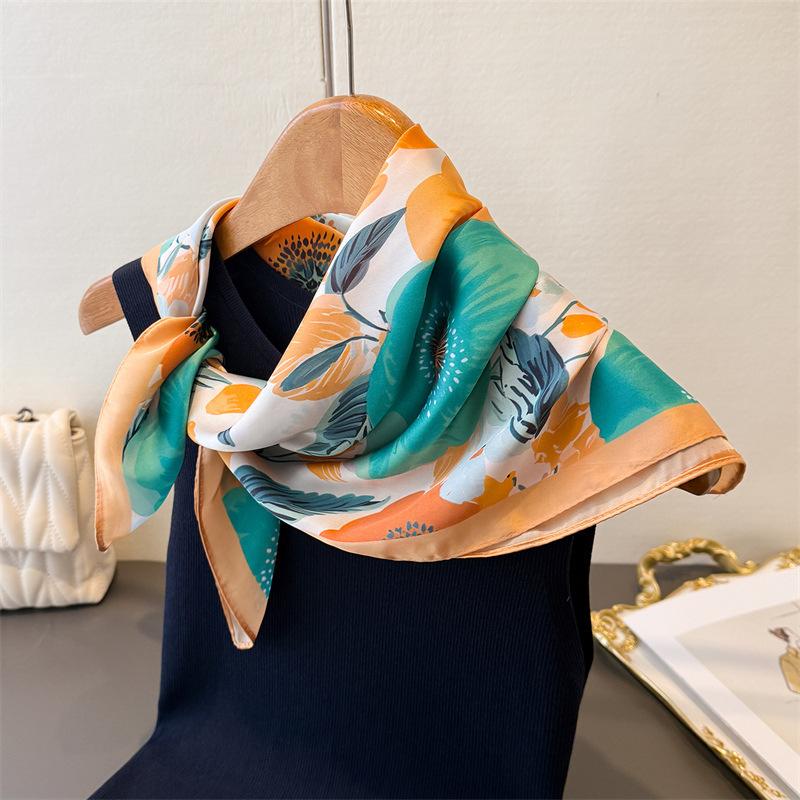 2026 New Fashion Luxury 70cm Square Silk Women's Scarf Flower Printed Satin Scarves Shawl Designer Headband Bandana