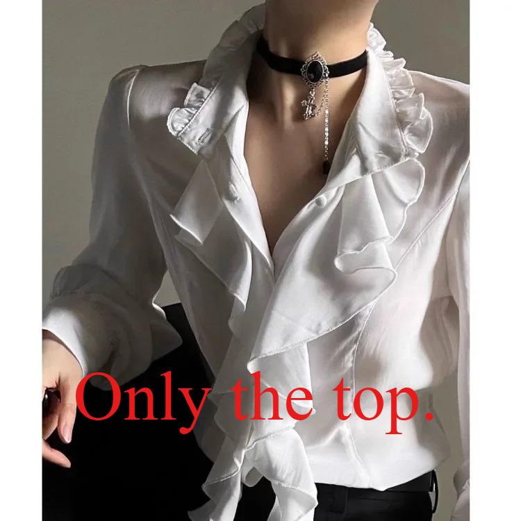

Harajuku Vintage Black Bottoming Shirt Women Stand Collar Ruffles Slim Blouses Japanese Victorian Long Sleeve Blusas De Mujer XXXL білий