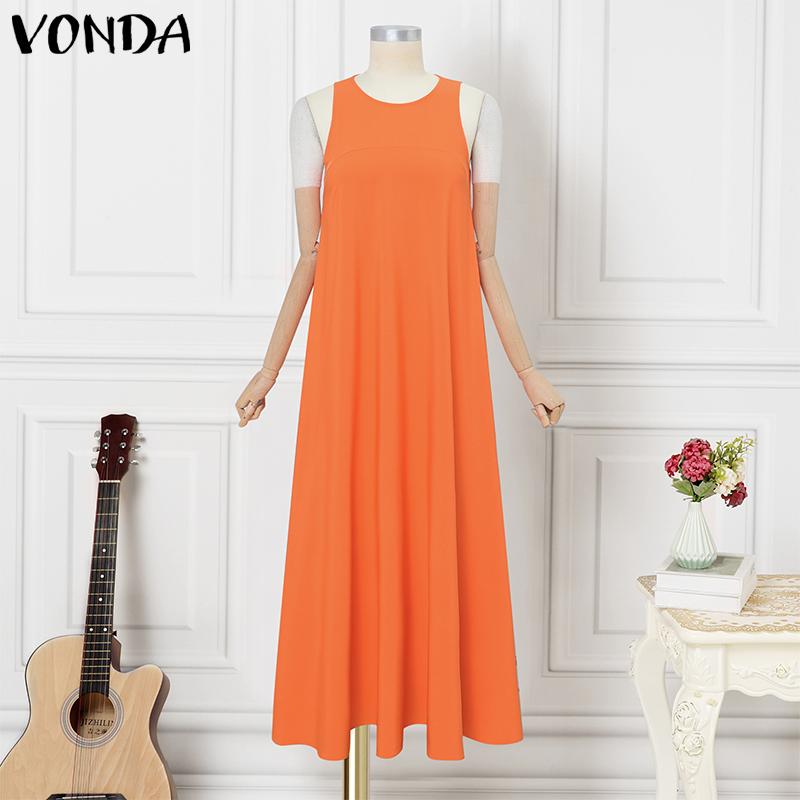 VONDA Summer Women Round Neck Sleeveless Solid Color Holiday Beach Long Pleated Dress