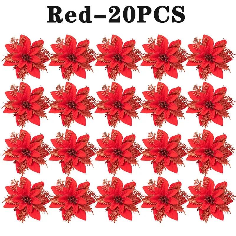 Glitter Christmas Poinsettia Flower Decoration Double Layer Gold Glitter Sparkle Holly Artificial Flower for Xmas Tree Ornaments