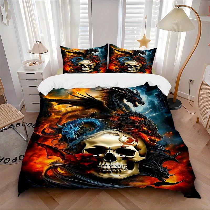 

3pcs Dragons Skull Bedding Cover Set, Fashion Classic Popular Print Bedding Set, Soft Comfortable, All - Season Use, For Bedroom, Guest Room118 135x200cm