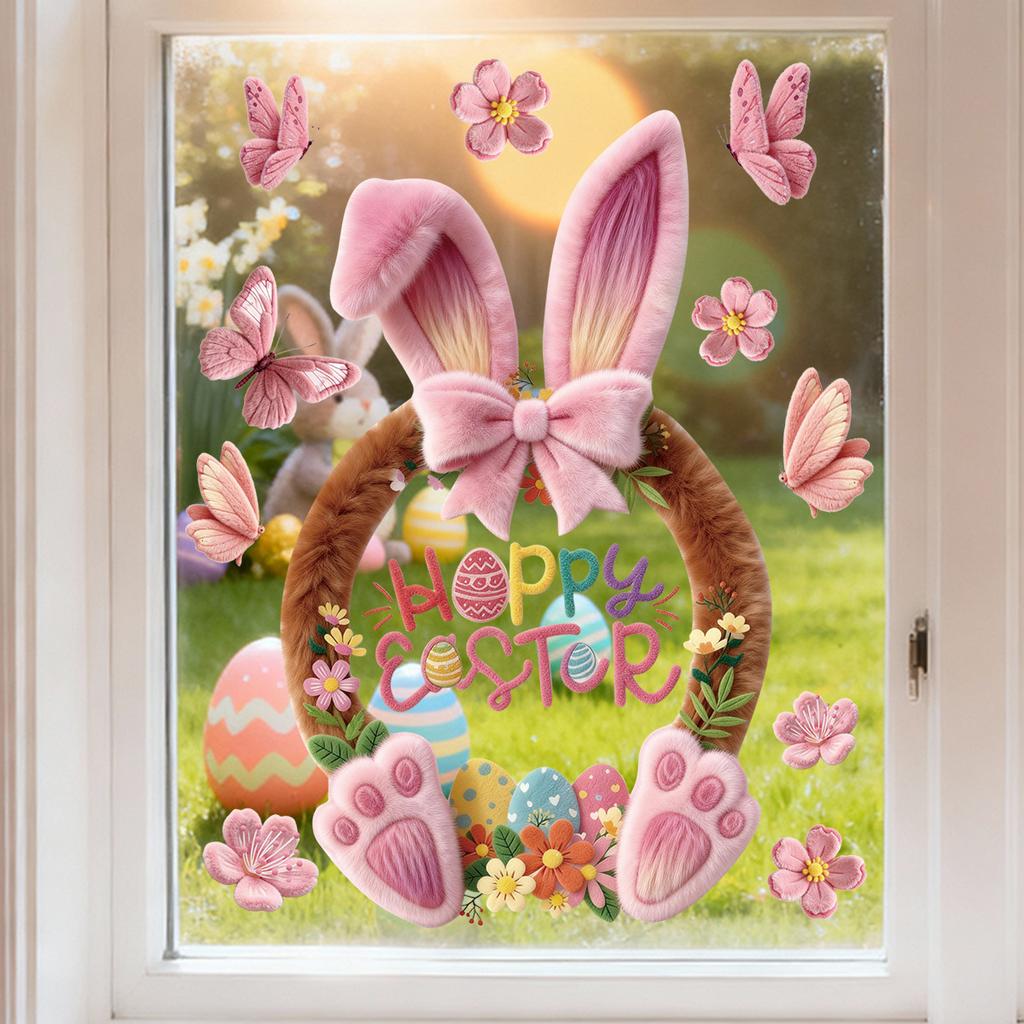 Easter Window Clings 2026 Pink Bunny with Flowers and Butterflies Static Clings for Glass Window Decoration Shop Window Decor