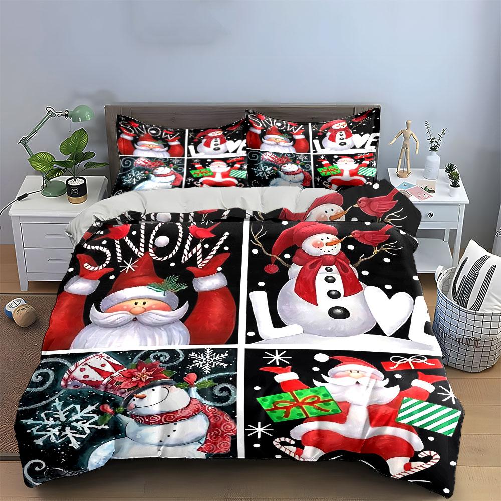 Christmas Santa & Snowman Set Bedding Duvet Cover Set Duvet Cover Pillowcases (1*Duvet Cover 2*Pillowcases, Without Duvet Insert)