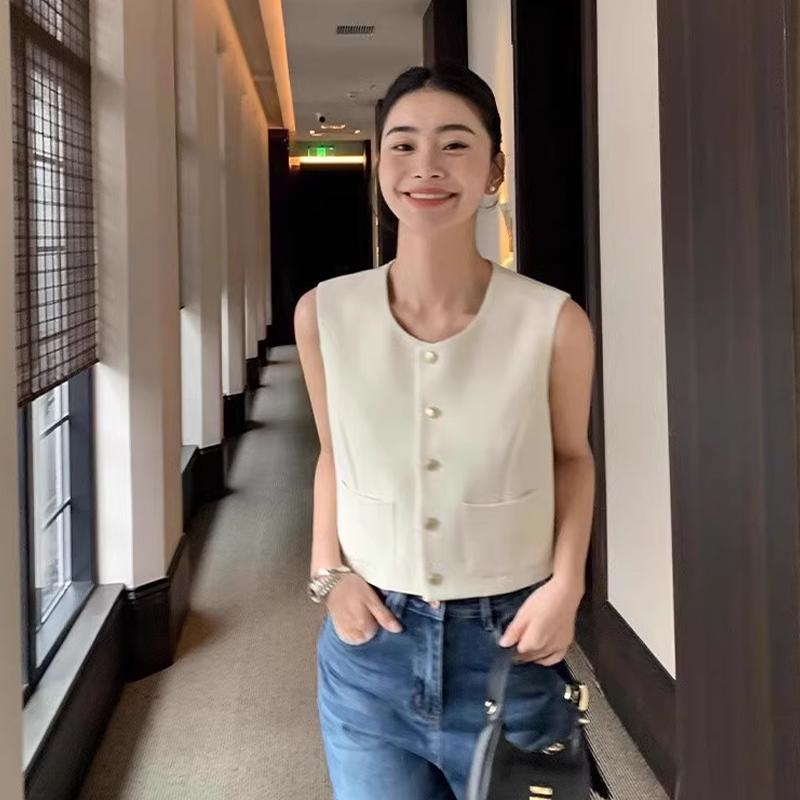 Dames fransk rund hals enkeltspent dobbel lomme ermeløs avslappet strikket vest