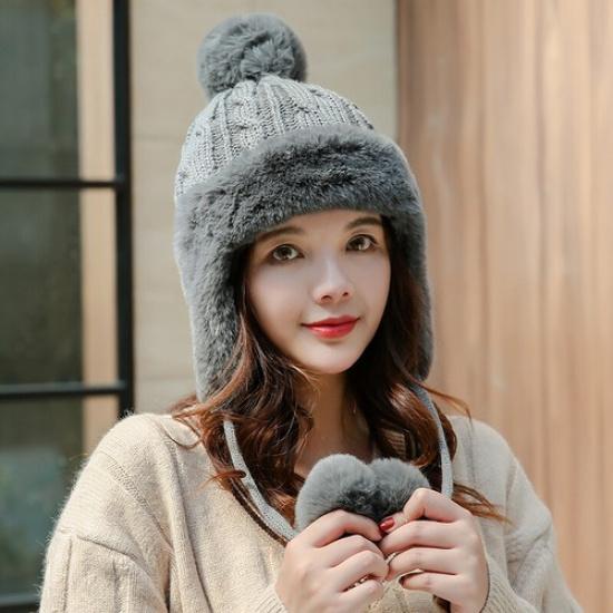Lady Warm Knitted Bobble Hat Ear Flap Beanie Pom Pom Cap Fur Trim Winter Outdoor серый