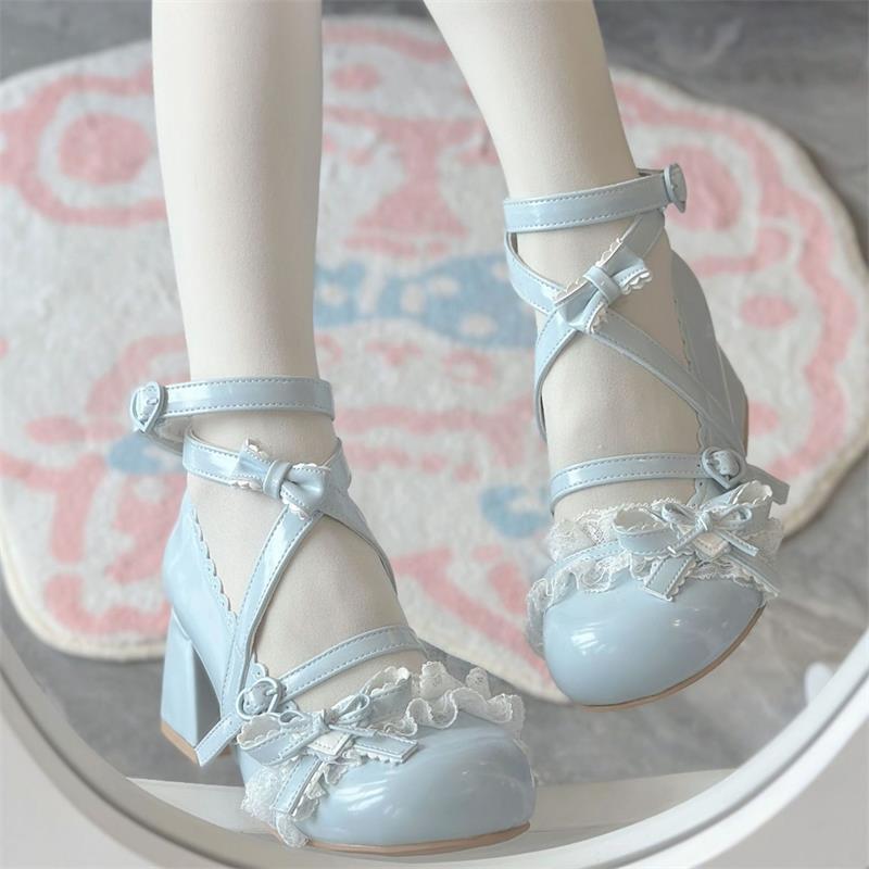 Cute Little White Shoes Lolita Lace Small Leather Shoes Round Head Lace Doll Sweet Girl Medium Heel Mary High Heels
