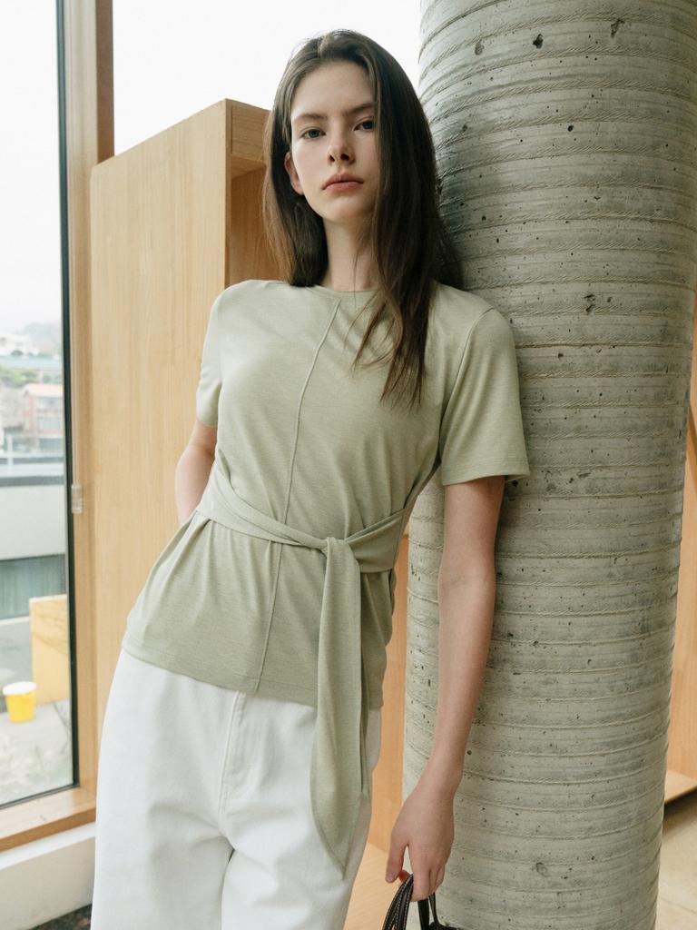 Aeskoneo Drape Waist Wrap T-Shirt Olive At6Tsb017Ol