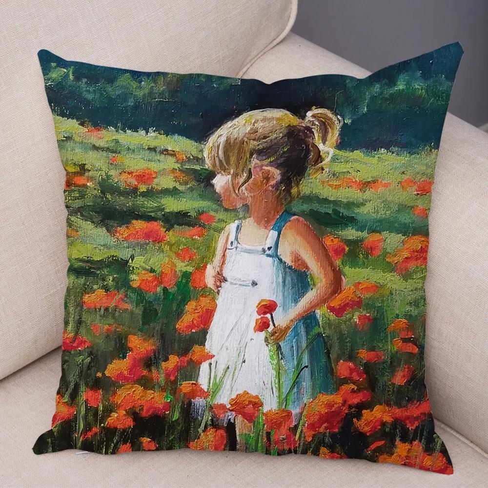 Cute Cartoon Children Cushion Cover Decor Harajuku Oil Painting Lady Pillowcase for Sofa Home Soft Plush Throw Pillow Case