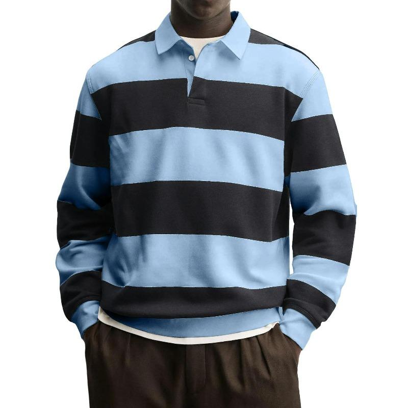 Men's Striped Long Sleeve Polo Shirt Relaxed Fit Turn Down Collar Casual Rugby Style Top