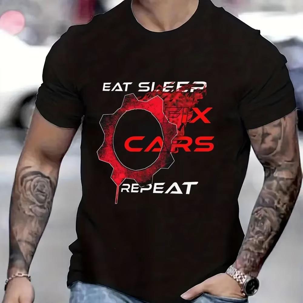 2024 New Trendy Summer Fashion Men T-shirt Funny Car Mechanic Eat Sleep Fix Cars Repeat Print Tops Tshirts Camisas Streetwear