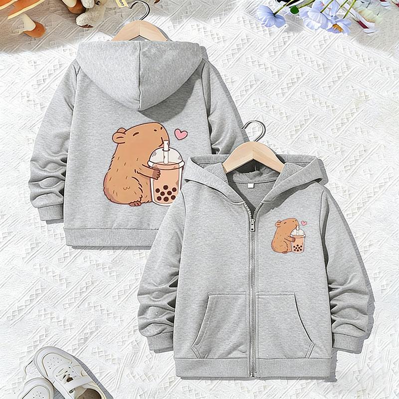 Casual Hoodie Capybara Lovely Design Jacket for Boys Girls Zipper Spring and Autumn Trendy Animal Cartoon Sweatshirts Zip Up