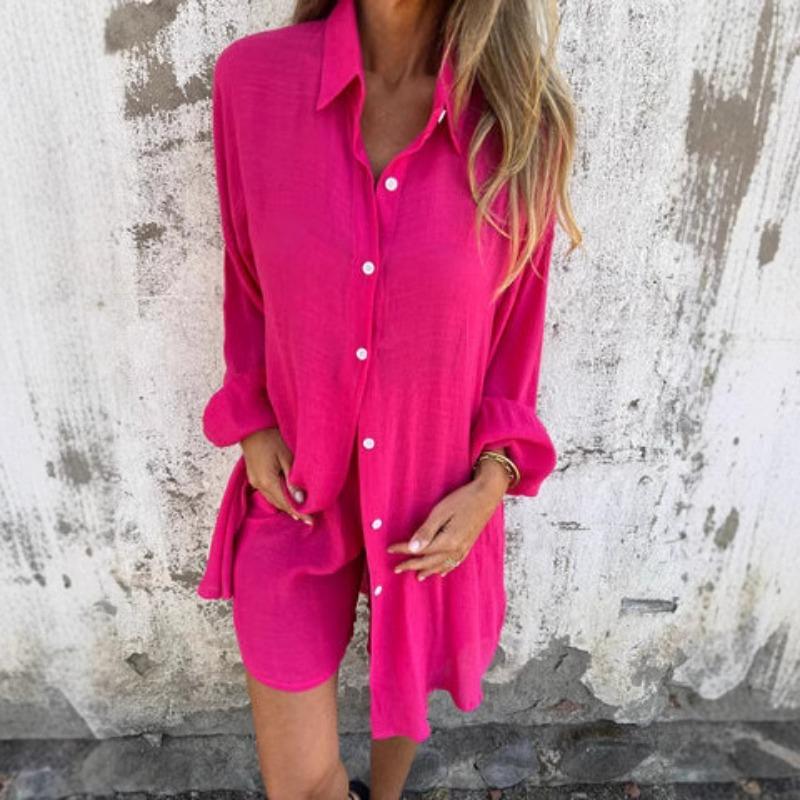 Women's Casual Solid Colour Shorts Long Sleeve Wrinkled Fabric Shirt Two Piece Set