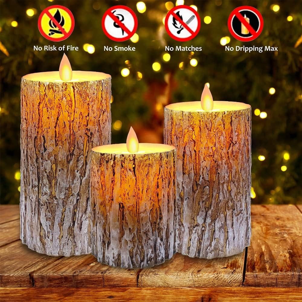 Flameless LED Candles Battery Operated Candles 3Pcs/set Birch Effect Wax Pillar LED Candles with 10-Key Remote For Home Decor