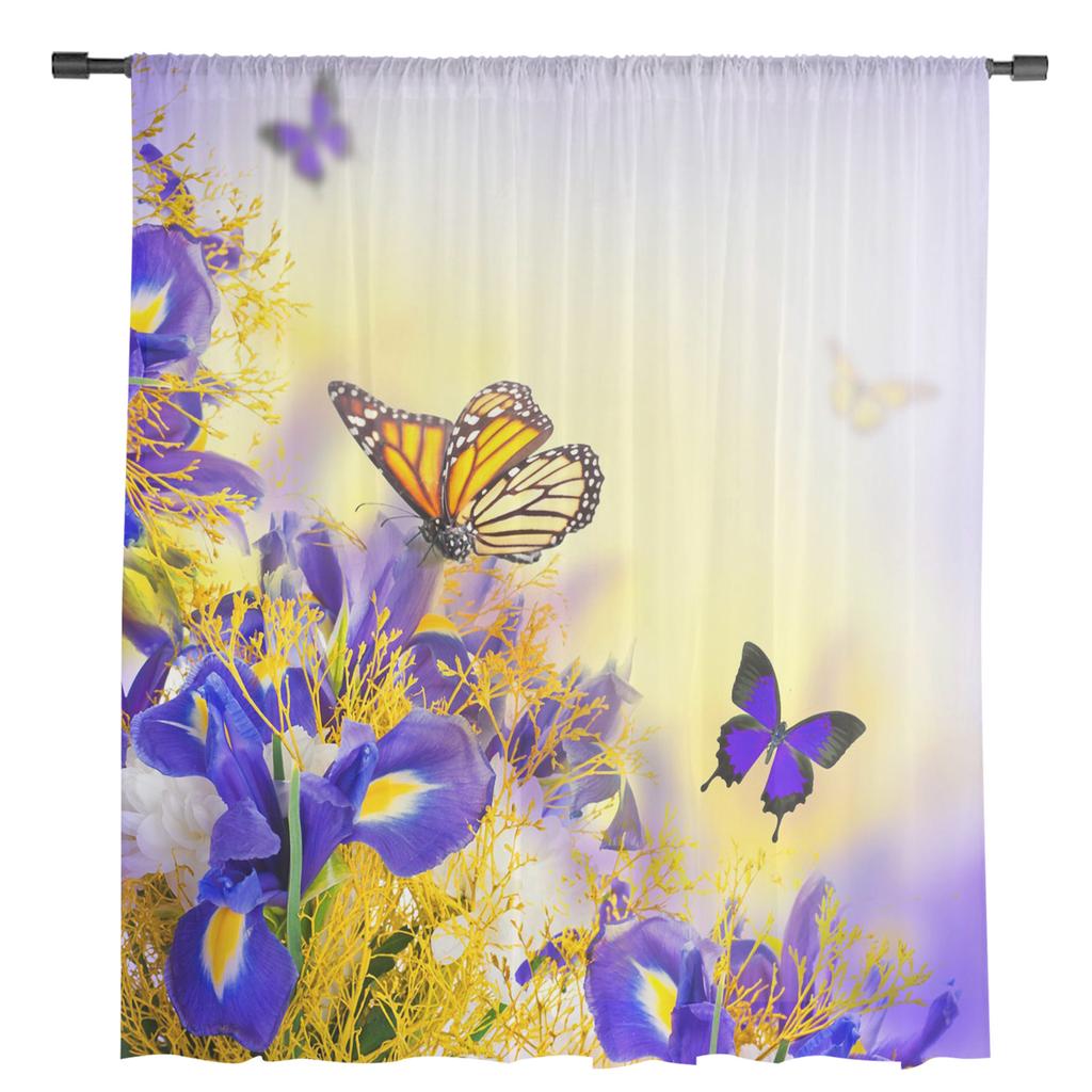 Iris Flower Butterfly Window Treatment Tulle Modern Sheer Curtains for Kitchen Living Room the Bedroom Curtains Decoration