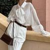 Yousheng Women Shirt Lapel Bow Tie Collar Flared Long Sleeve Single Breasted Shirt Tops See-through Solid Color Loose Fit Female Casual Shirt