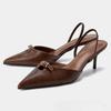 Vintage Brown Slingback Heels for Women Fashion Pointy Toe Metal Buckle Decorated Stiletto Sandals Luxury Party Designer Shoes