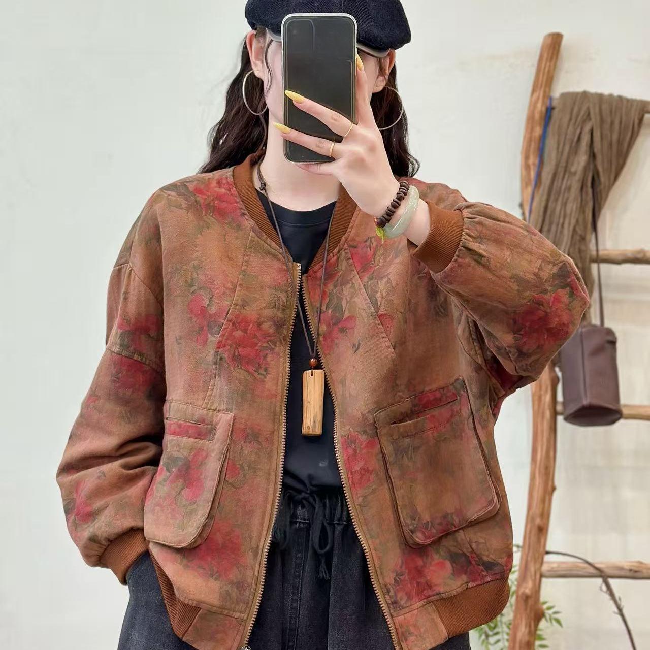 

DIMANAF 2025 Short Coat Jacket Women Linen Long Sleeve Pockets Fashion Retro Print Tops Tees Loose Tees New One Size