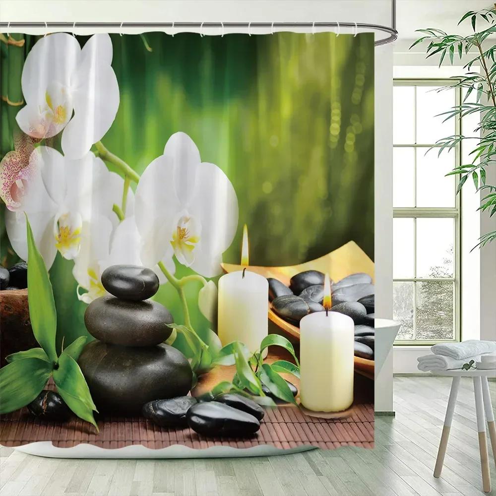 Zelené bambusové zenové sprchové závěsy, sada, lázeňské kameny a květy orchidejí polyesterová tkanina koupelnový závěs s háčky koupelnová dekorace