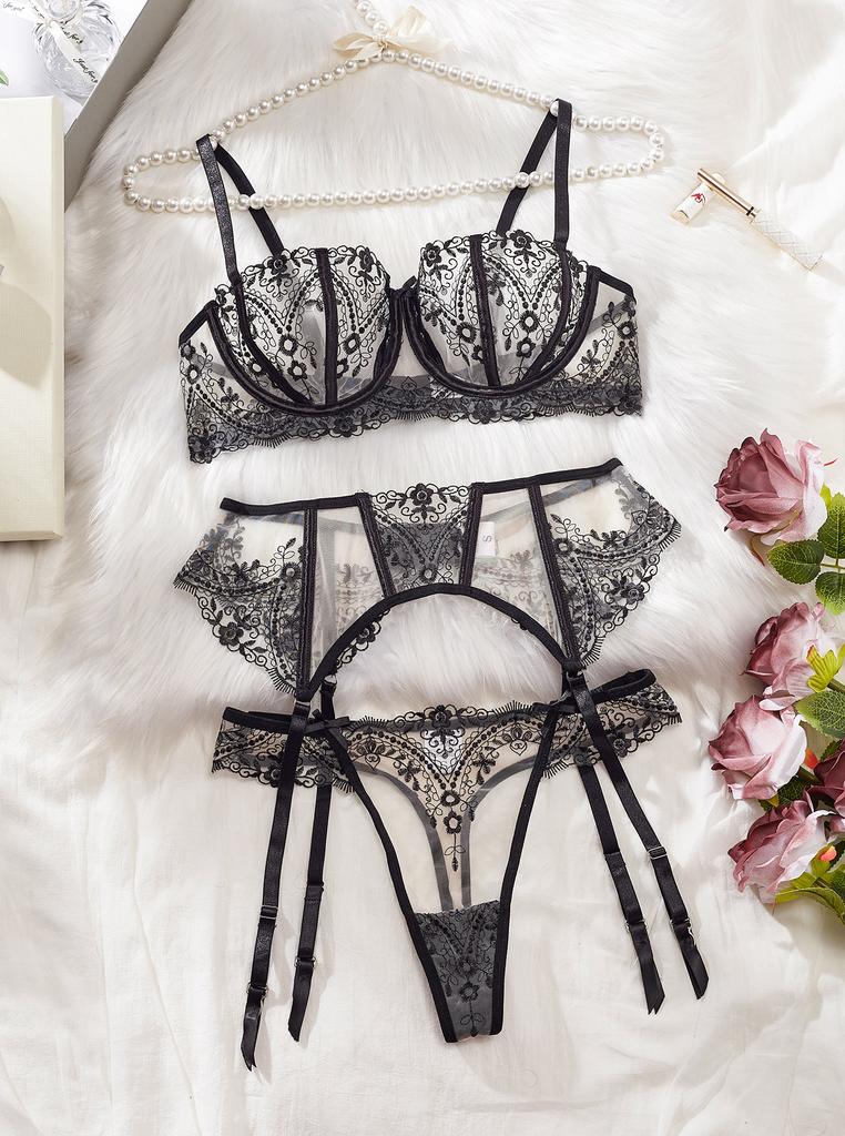 Factory High Quality Women Sexy Lingerie Three Piece Set Black Embroidery Sexy Lingerie Set See Through Sex Underwear