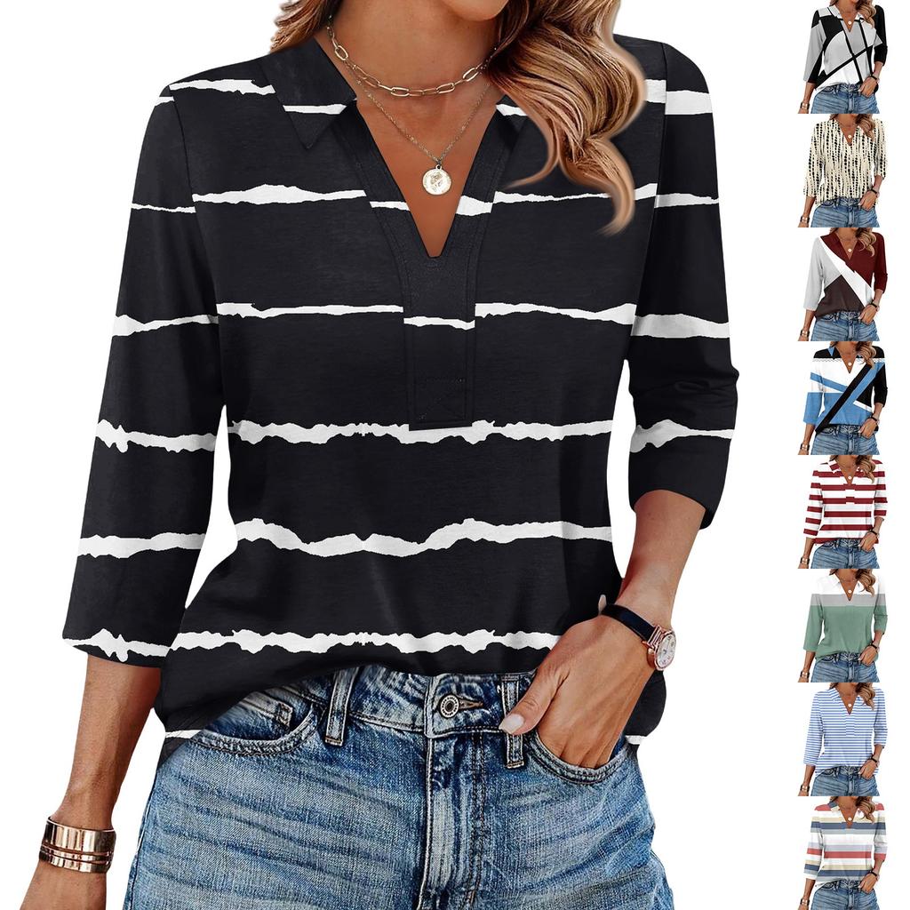 Women's Fashionable Casual Lapel T-Shirt With Striped Patchwork Print Seven Quarter Sleeve Top