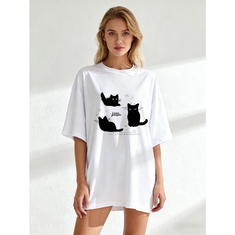 Oversized T Shirt Black Cat Print With Stars And Text For Casual Wear