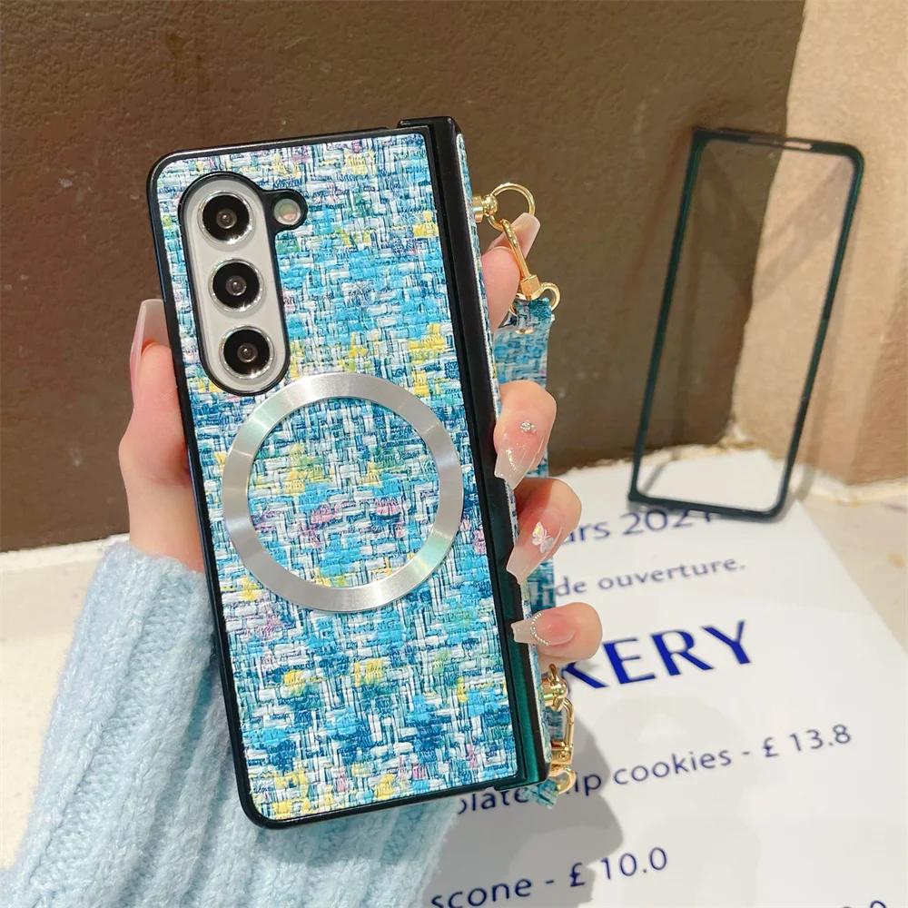 

Чехол для телефона с ремешком на запястье из кожи и магнитом для Samsung Galaxy Z Fold 6 5 4 3 5G, защитный противоударный чехол с петлей для руки For Samsung Galaxy Z Fold6 синий