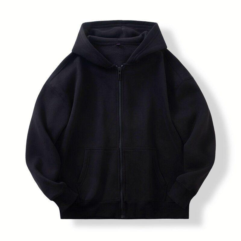 Foreign Trade Japanese-Style Autumn and Winter Fleece-Lined Thick Warm Zip-Up Hoodie for Men and Women, Couple's Casual Hooded Sweatshirt Jacket