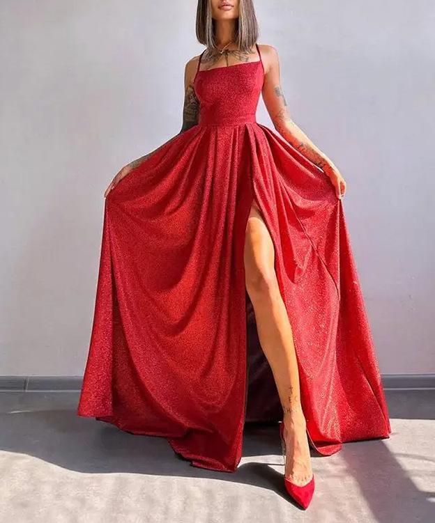 European and American New Women's Suspender Backless Sexy Flash Deep V Party Banquet Evening Dress Dress