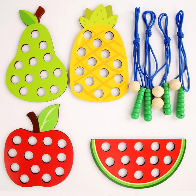 4pcs Fruit Threading Board Game Kids Learning Montessori Teaching Aids Educational Wooden Toys for Children