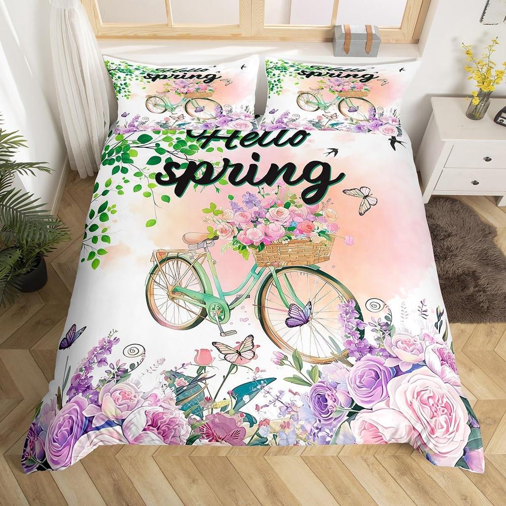 Girls Butterfly Duvet Cover Set Kids Floral Bicycle Bedding Set Fantasy Animals Comforter Cover Flower Bike Spring Bedclothes