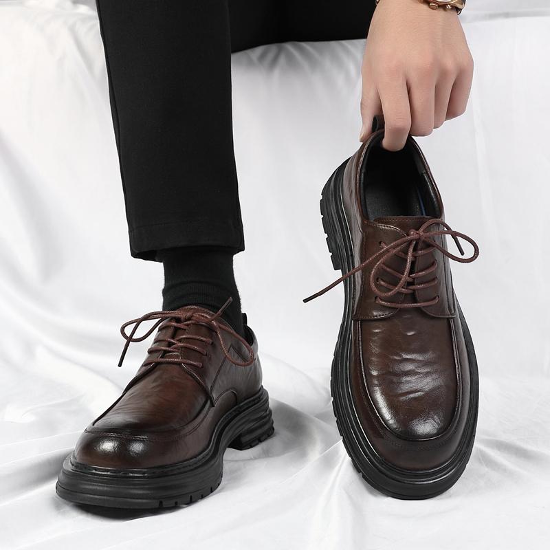 Fashion High Quality Men's Comfortable Leather British Style Thick Soled Business Dress Leather Shoe for Spring New Lace Up Oxford Shoes