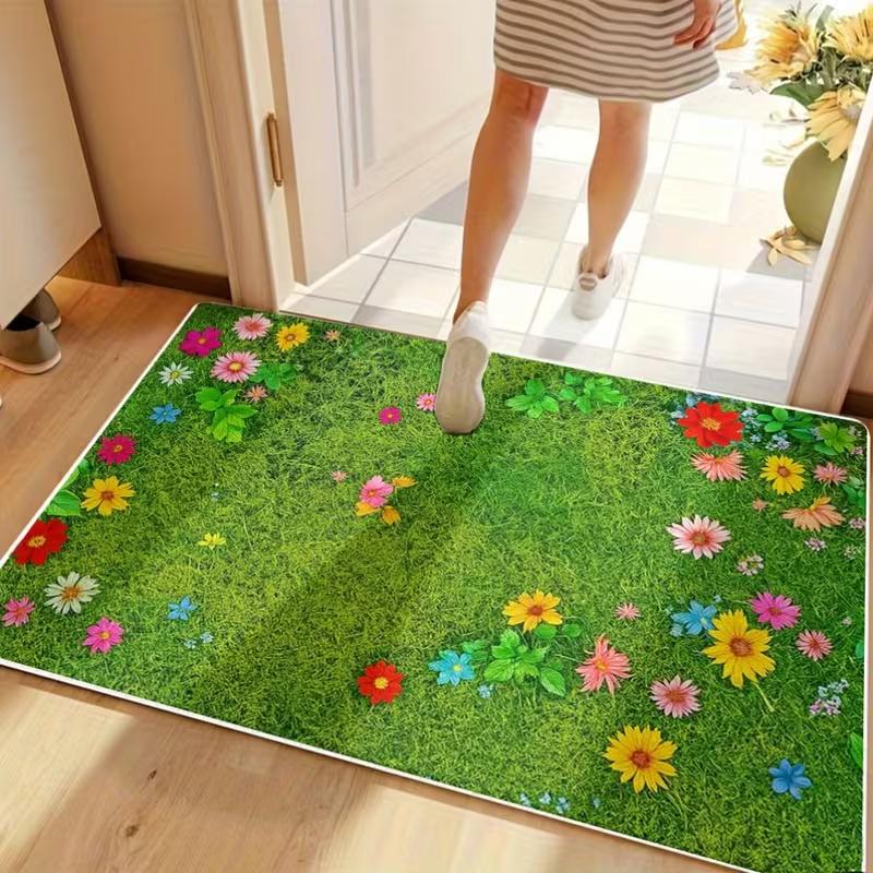 Lush Grass and Bloom Print Entry Mat Washable Soft Door Mat for Kitchen Living Room Bedroom Indoor Spring Decor Floor Mat