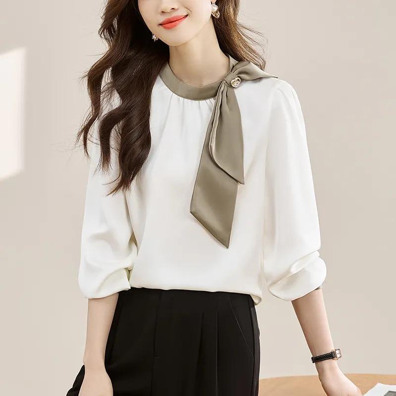 French Bow Shirt Women's Spring and Autumn New Color Matching Ribbon Design Top