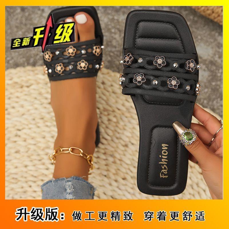 Wear Rhinestone Flat Bottom One-word Drag 2025 Summer New Versatile Sandals Slippers Square Head Women's Fashion High Heels