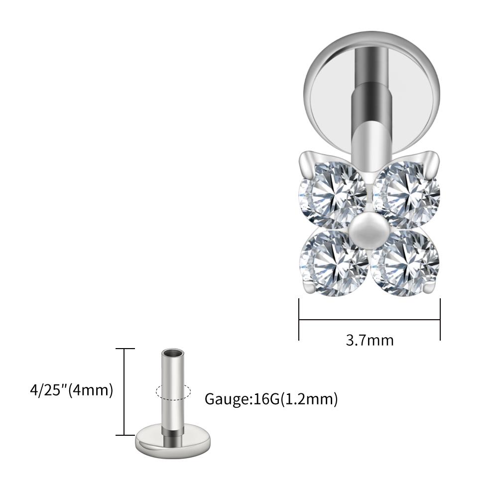 Right Grand ASTM F136 Titanium Flower CZ Cartilage Earring 16G Four Leaf Helix Tragus Stud Flat Back Labret Piercing Jewelry