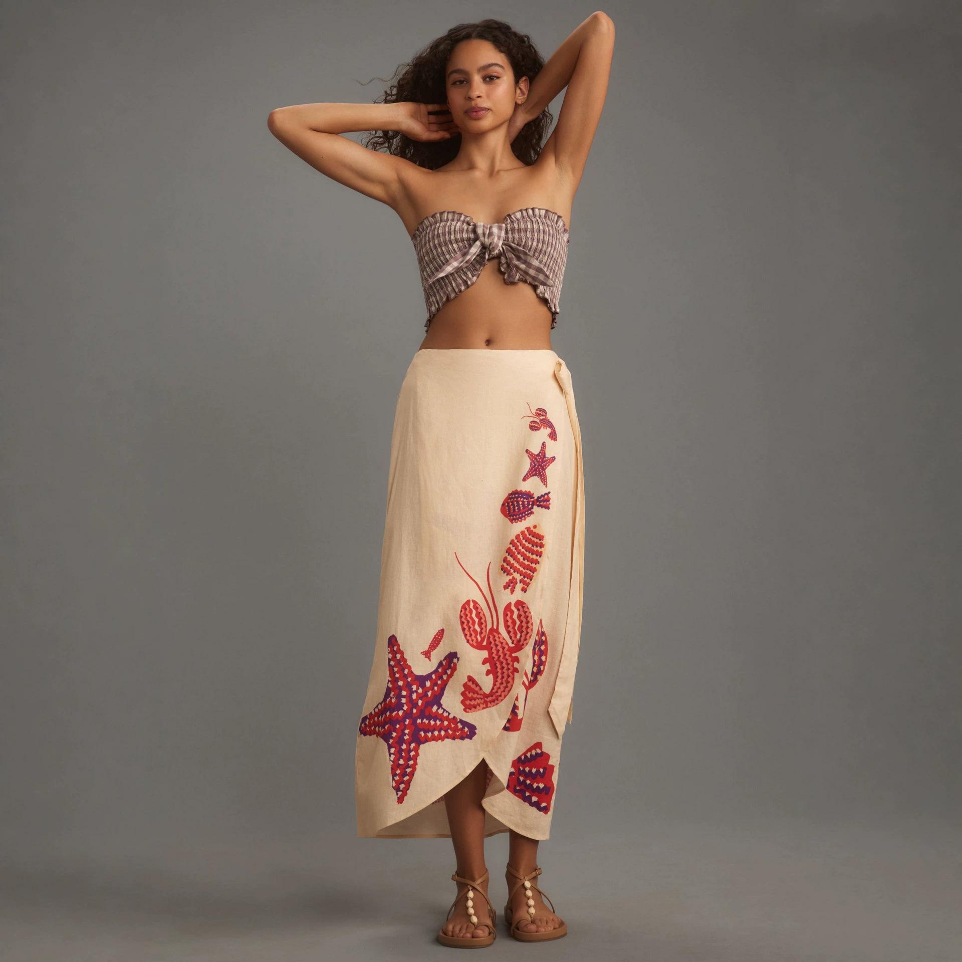 French texture high-end sea print wrap skirt women s lace-up apron holiday style split-ended long skirt XS