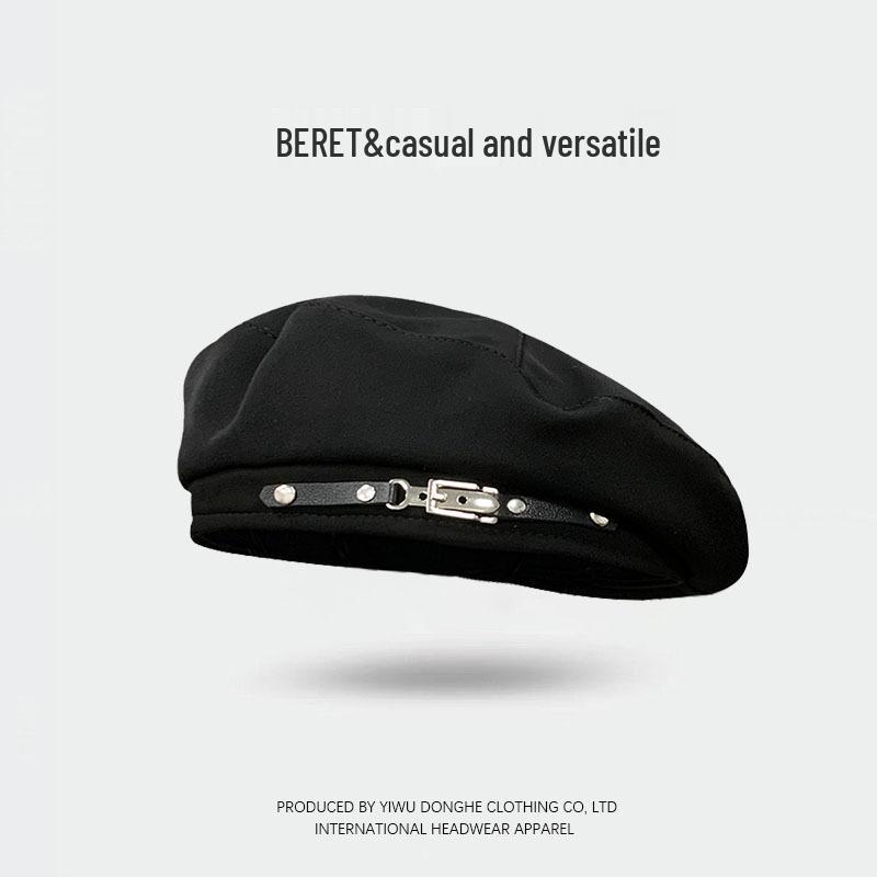 Korean Style Metal Buckle Beret for Women - Retro British-Inspired Painter's Hat