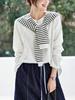 Women's Long Sleeve White Combed Cotton T-Shirt with Striped Knit Shawl - New Style for Spring 2026.