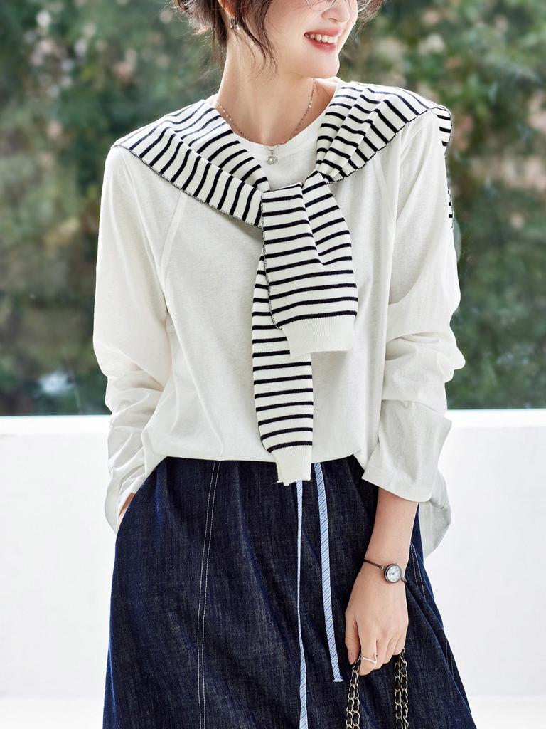 Women's Long Sleeve White Combed Cotton T-Shirt with Striped Knit Shawl - New Style for Spring 2026.