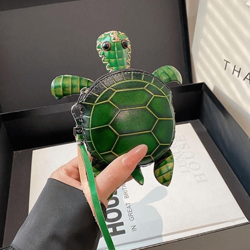 PU Leather Cute Turtle Coin Purse Zipper Closure Durable PU Leather Key Holder Cartoon Novelty Animal Mini Handbag Unisex