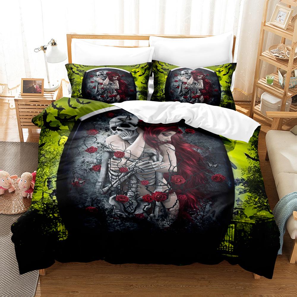 3D-Paar-Schädelkopf-Serie, Bettwäsche-Set, Halloween-Horror-Bettbezug und Kissenbezug, 2/3-teilig, AU/US/UK/DE, volle Größe, Heimdekoration