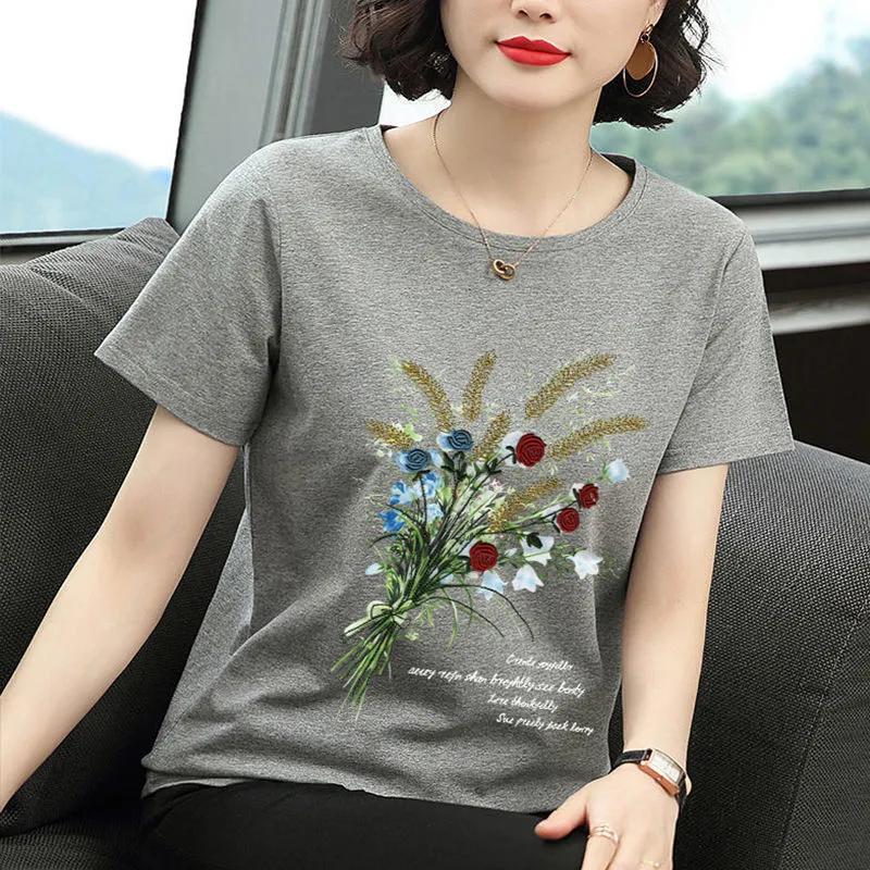 Women's Crew Neck Short Sleeve T-Shirt Colorful Leaf Print Slim Fit Casual Top for Daily Wear