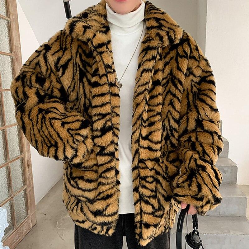 Winter Men Faux Fur Tiger Pattern Coat Jacket Male Fashion Loose Warm Coat Male Streetwear Thicken Outwear