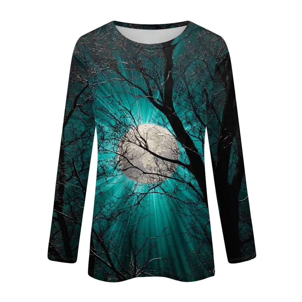Women's Long Sleeve Pullover Sweatshirt Halloween Print Round Neck Casual Top Lightweight Comfortable Fit