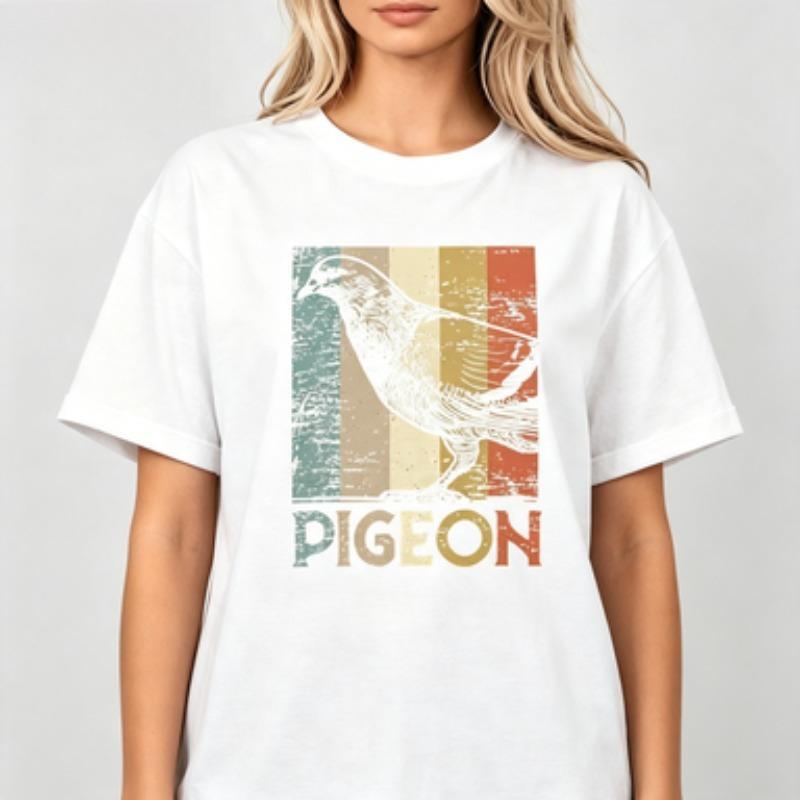 Vintage Style Unisex Cotton Tshirt Distressed Pigeon Outline Print Retro Color Block Bird Graphic Casual Daily Short Sleeve Tees