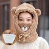 Cute Bear Pattern Sherpa Hooded Scarf Hat with Built-in Mask Warm Winter Cap for Women & Students