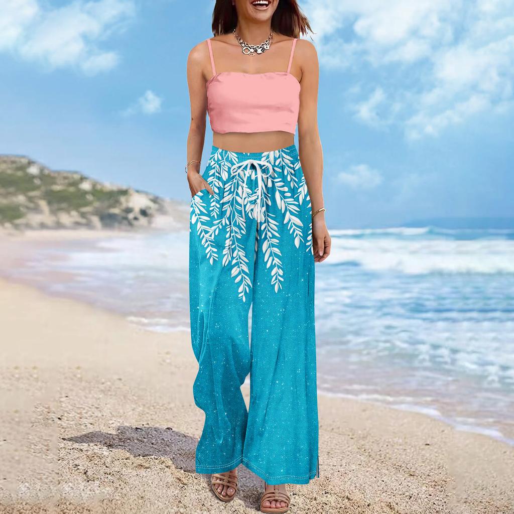 Women Summer Boho Palazzo Pants High Waist Wide Leg Floral Printing Casual Trousers With Pockets