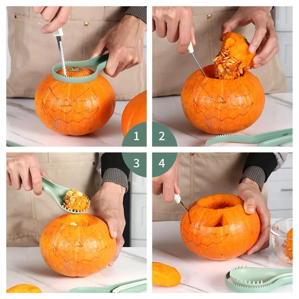 3-In-1 Melon and Fruit Separator Halloween Pumpkin Separator Core-Cutter Carving Pulp Fruit Knife Gadgets Household Kitchen